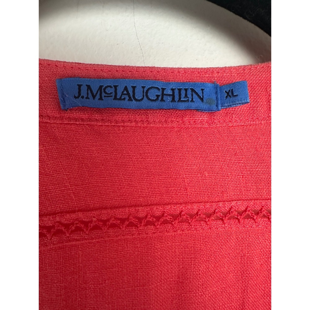 J.McLaughlin Coral Pink 100% Linen Shift Dress XL Long Puff Sleeve Boho - Picture 5 of 10